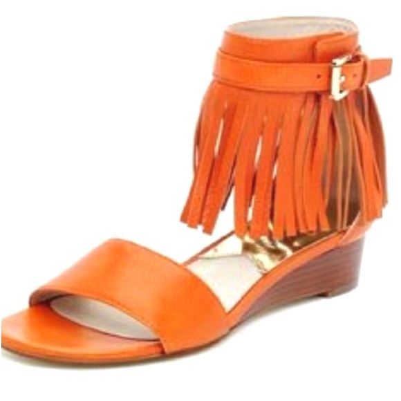 Michael Kors Leather & Ankle Strap & Fringe & Low Wedge Sandals - Picture 1 of 14